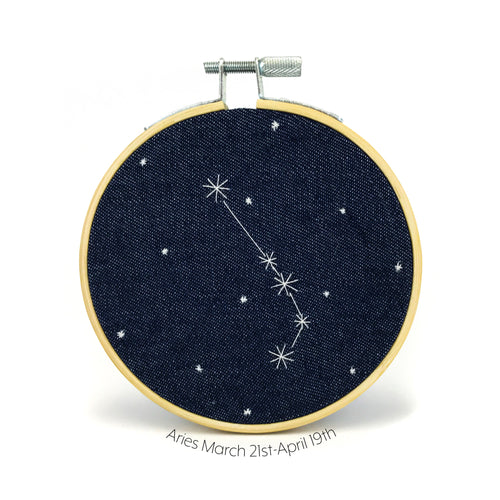 Aries Zodiac stitched hoop by Chelsey Greene