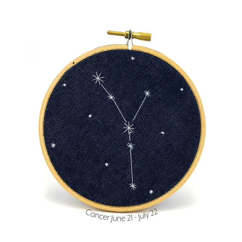 Cancer Zodiac stitched hoop by Chelsey Greene