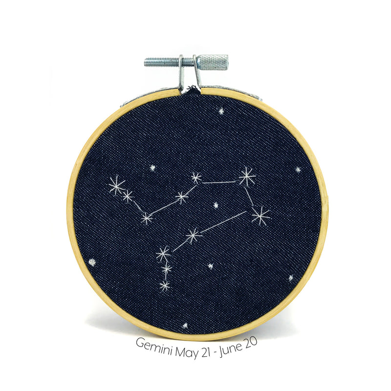 Gemini Zodiac stitched hoop by Chelsey Greene