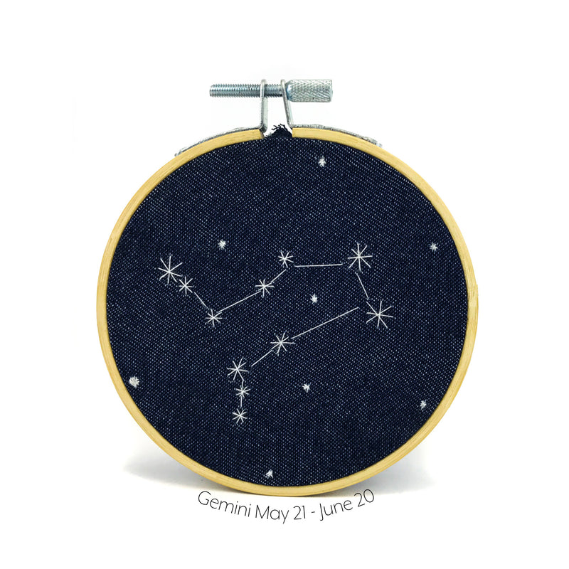Gemini Zodiac stitched hoop by Chelsey Greene