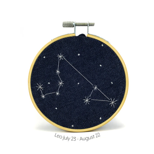 Leo Zodiac stitched hoop by Chelsey Greene