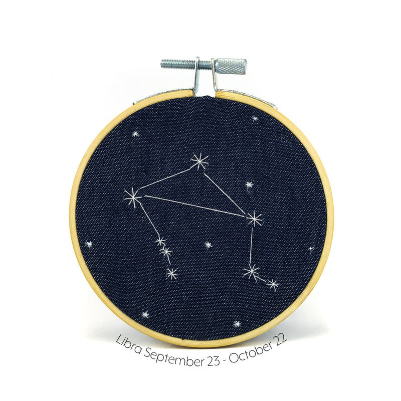 Libra Zodiac stitched hoop by Chelsey Greene