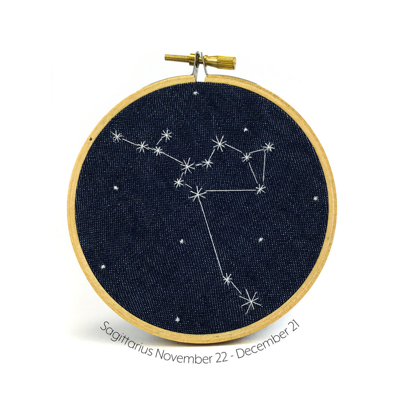 Sagittarius Zodiac stitched hoop by Chelsey Greene