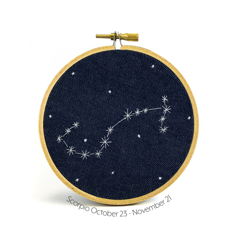 Scorpio Zodiac stitched hoop by Chelsey Greene