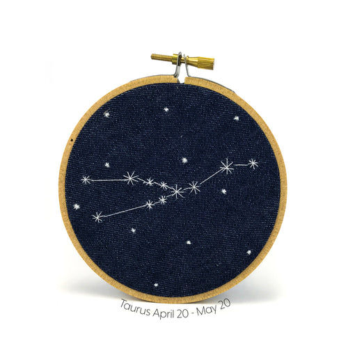 Taurus Zodiac stitched hoop by Chelsey Greene