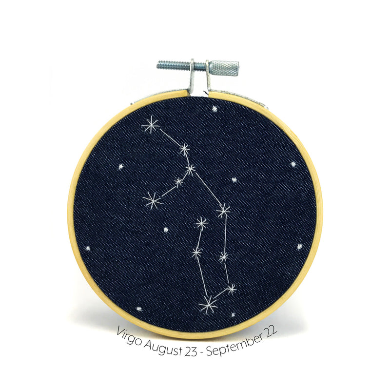 Virgo Zodiac stitched hoop by Chelsey Greene